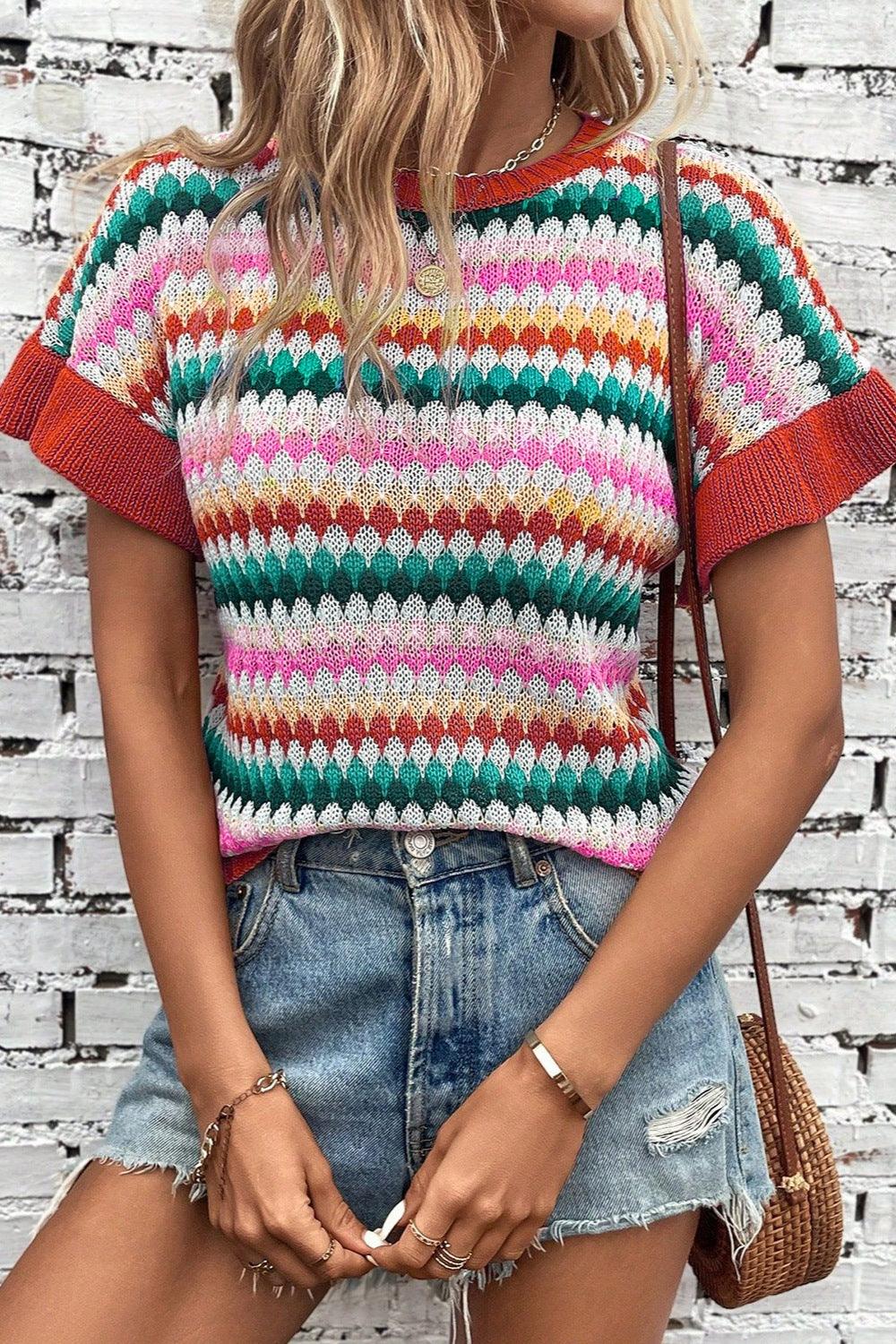 Colorful Striped Short Sleeve Knit Sweater - MXSTUDIO.COM