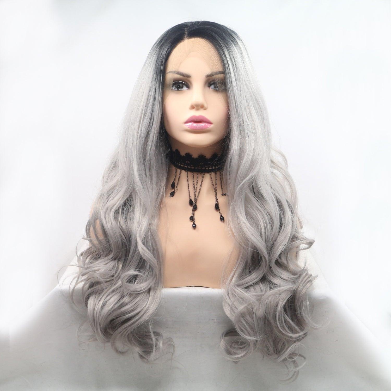 a wig with long grey hair on a mannequin head