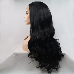 a woman's long black wig on a mannequin head