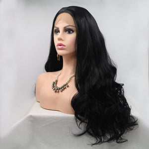 a wig with long black hair on a mannequin head