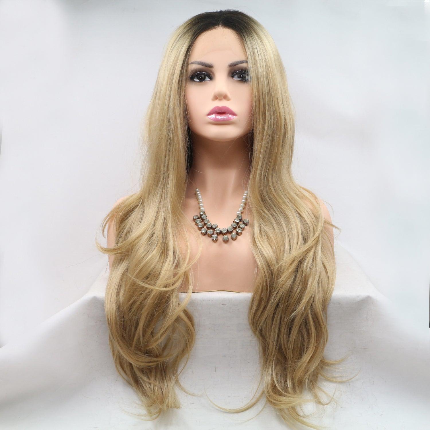 a mannequin head wearing a long blonde wig