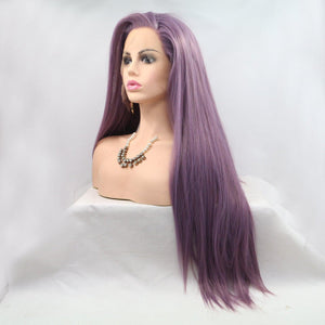 a wig with long purple hair on a mannequin head