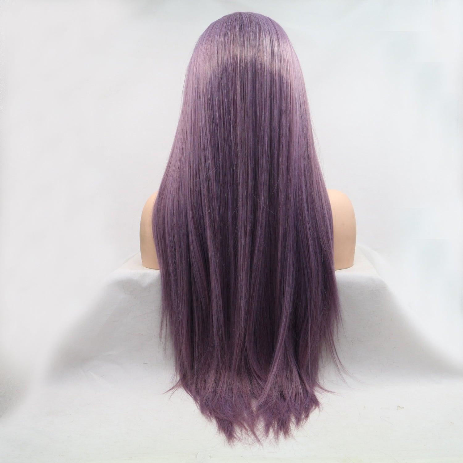 a wig with long purple hair on a mannequin head