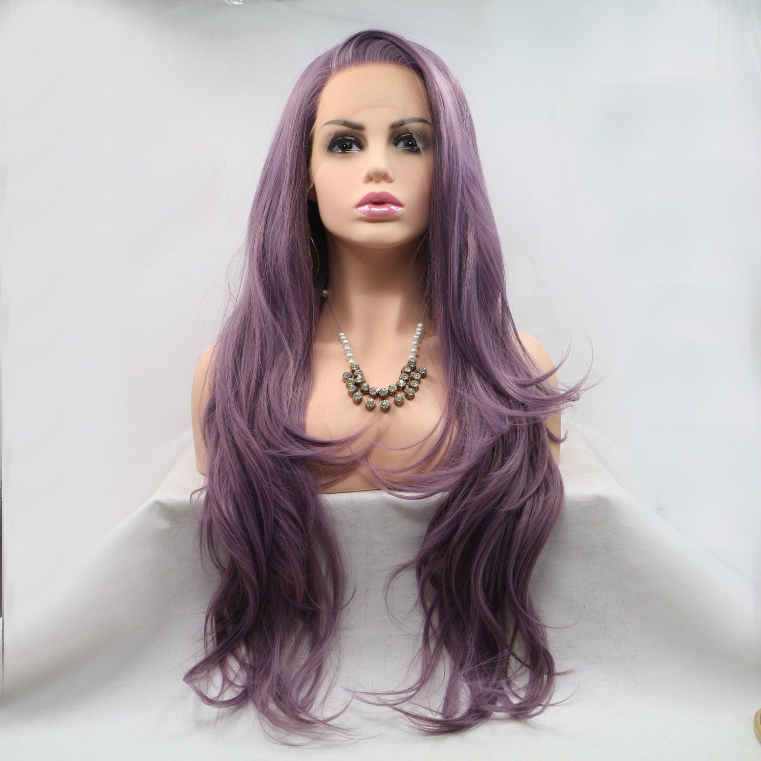 a wig with long purple hair on a mannequin head