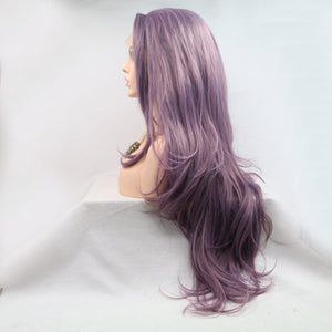 a wig with long purple hair on a mannequin head