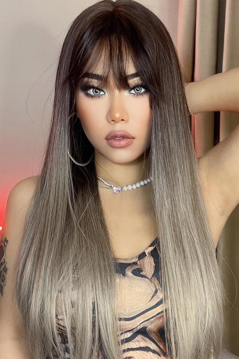 26'' Black Gray Long Straight Full Machine Wig - MXSTUDIO.COM