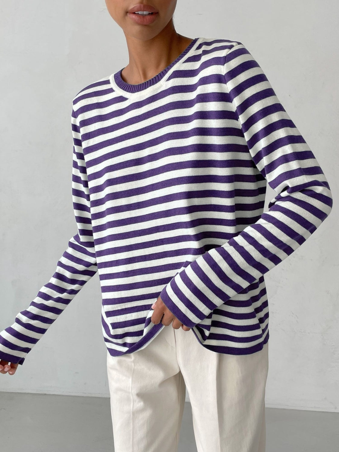 Lounge Comfortably Crew Neck Striped Knit Sweater