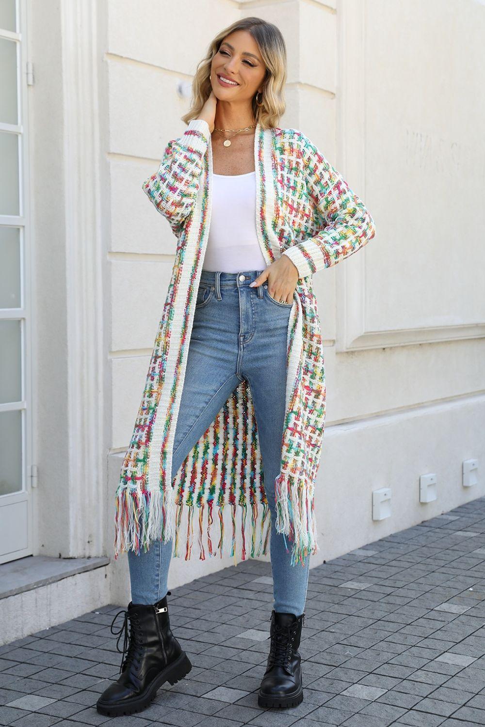 Multicolored Fringe Hem Open Front Cardigan - MXSTUDIO.COM