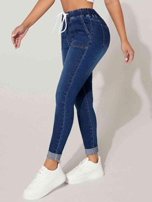 Actively Chic Drawstring Stretch Skinny Jeans - MXSTUDIO.COM