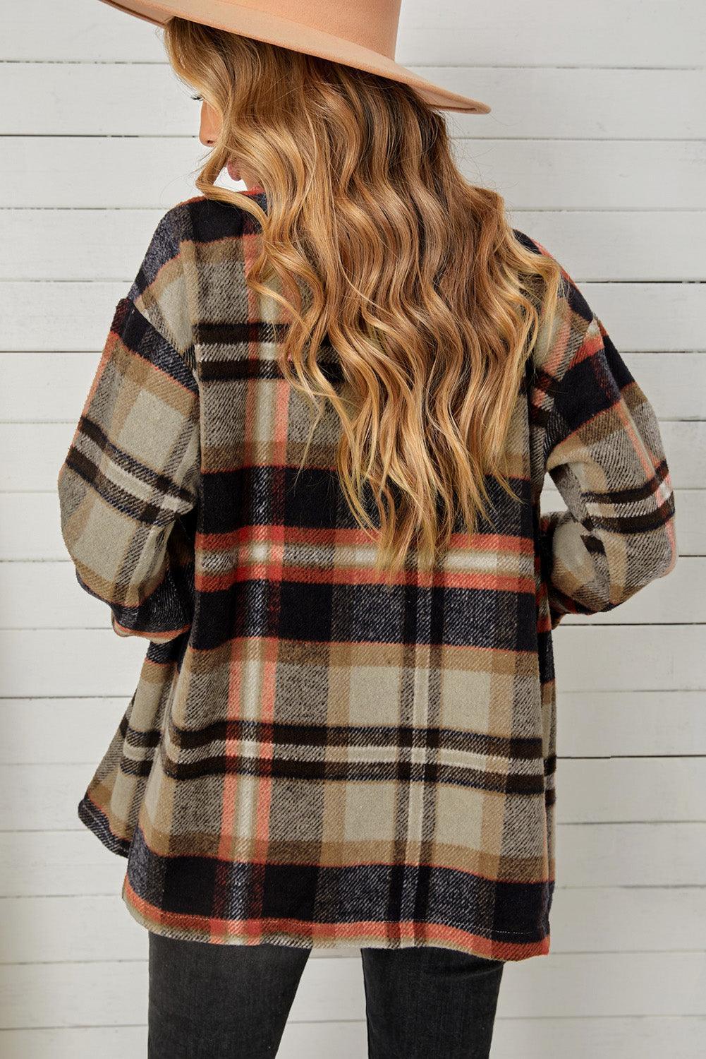 Adaptable Plaid Pocketed Oversized Shacket - MXSTUDIO.COM