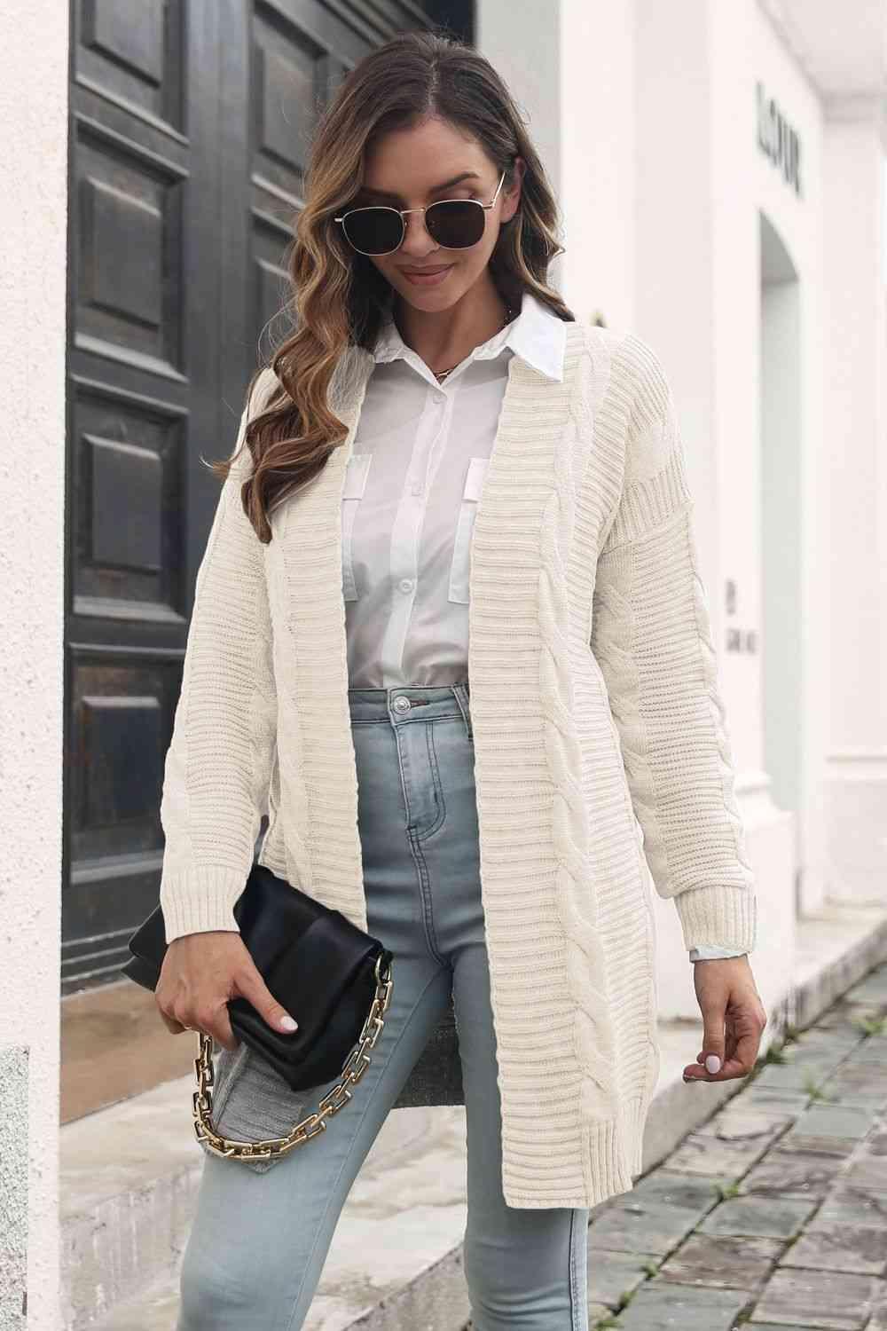 Additional Warmth Open Front Long Cable Knit Cardigan - MXSTUDIO.COM