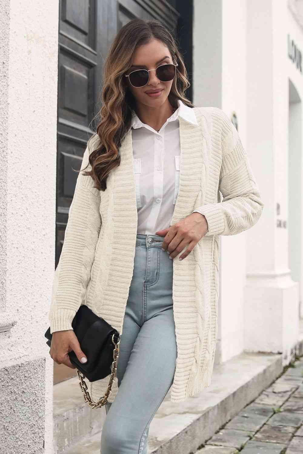 Additional Warmth Open Front Long Cable Knit Cardigan - MXSTUDIO.COM