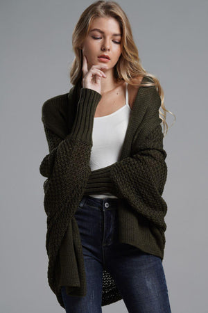 Adorable Dolman Sleeve Ribbed Trim Longline Cardigan - MXSTUDIO.COM