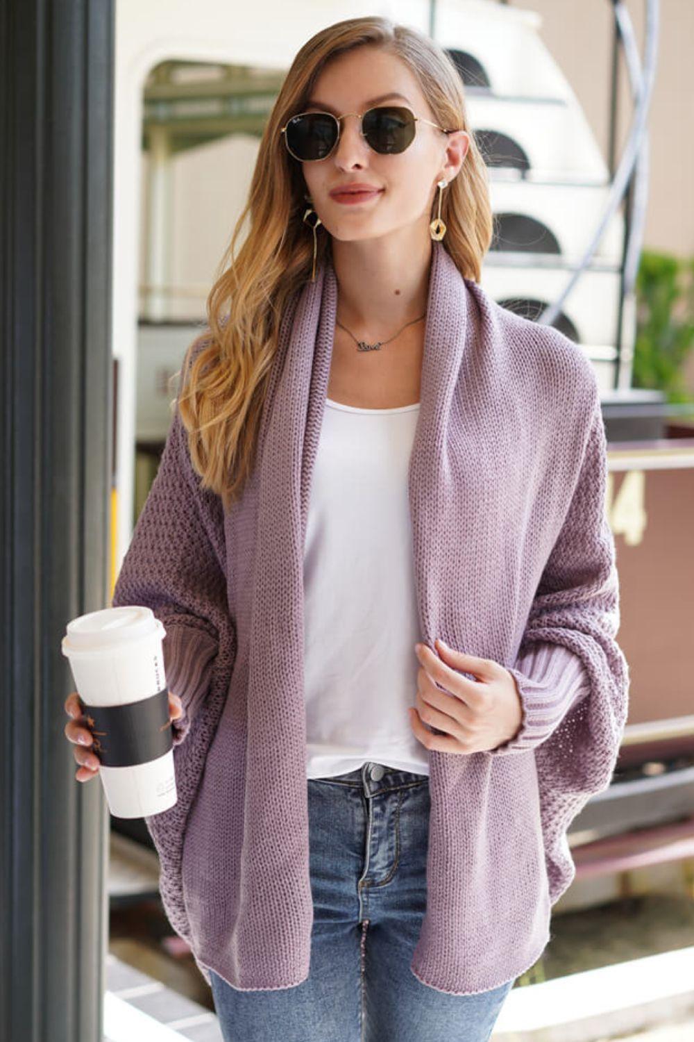 Adorable Dolman Sleeve Ribbed Trim Longline Cardigan - MXSTUDIO.COM