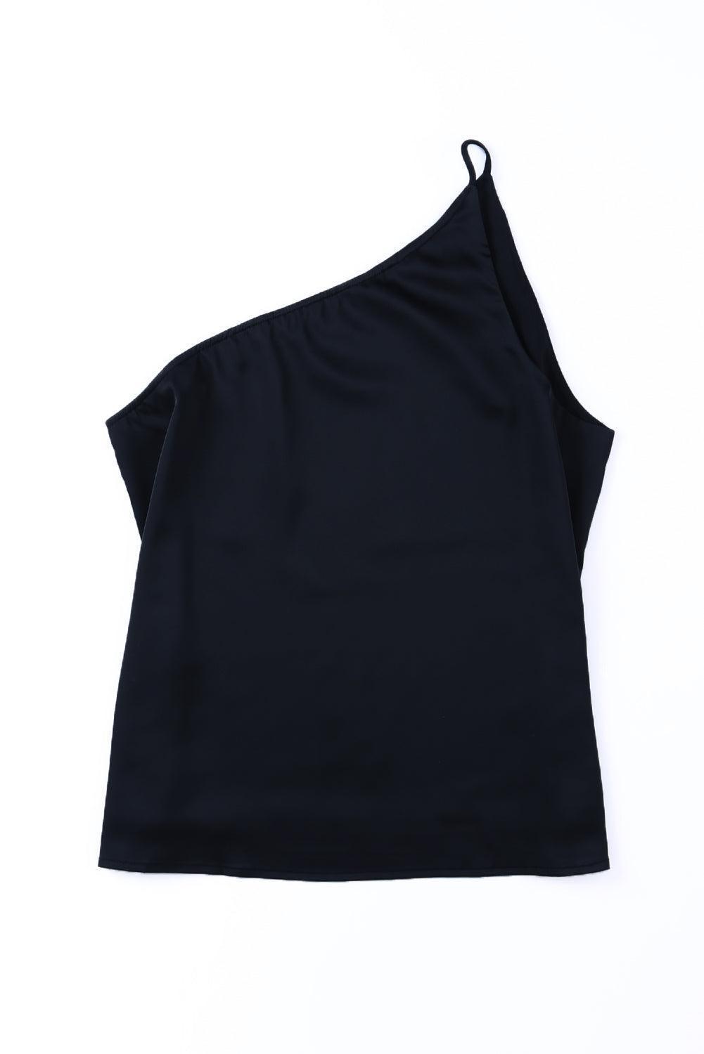 Adorably Chic Sleeveless Black One Shoulder Tank - MXSTUDIO.COM
