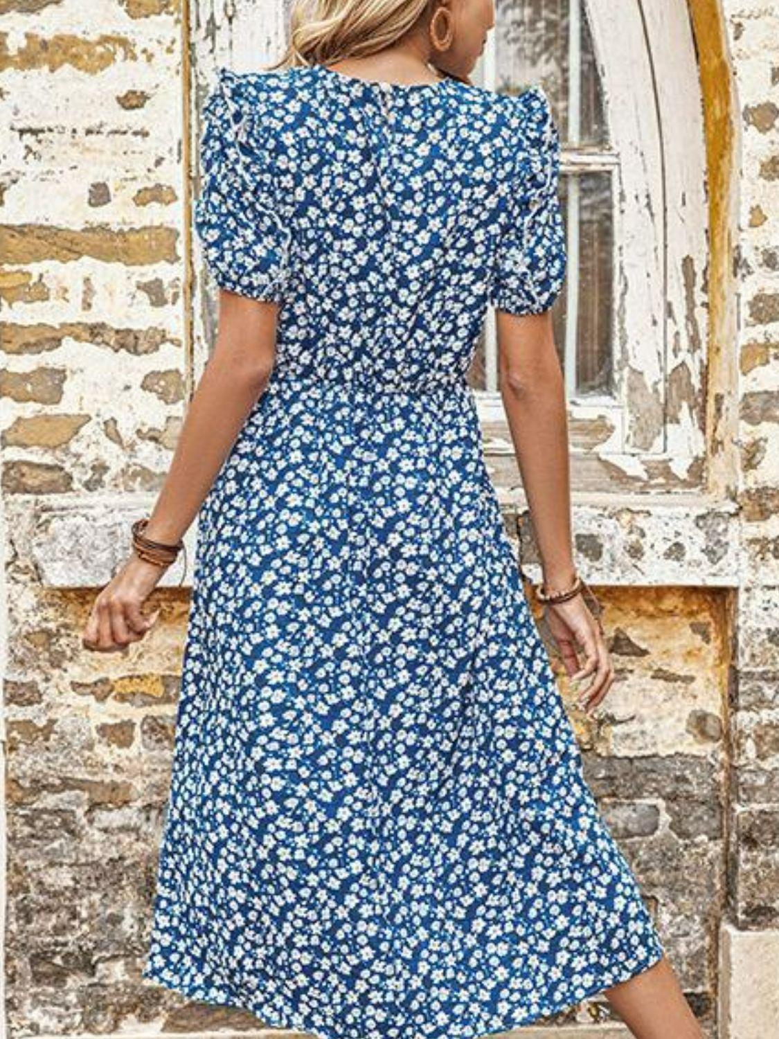 Affectionate Floral Split Short Sleeve Midi Dress - MXSTUDIO.COM