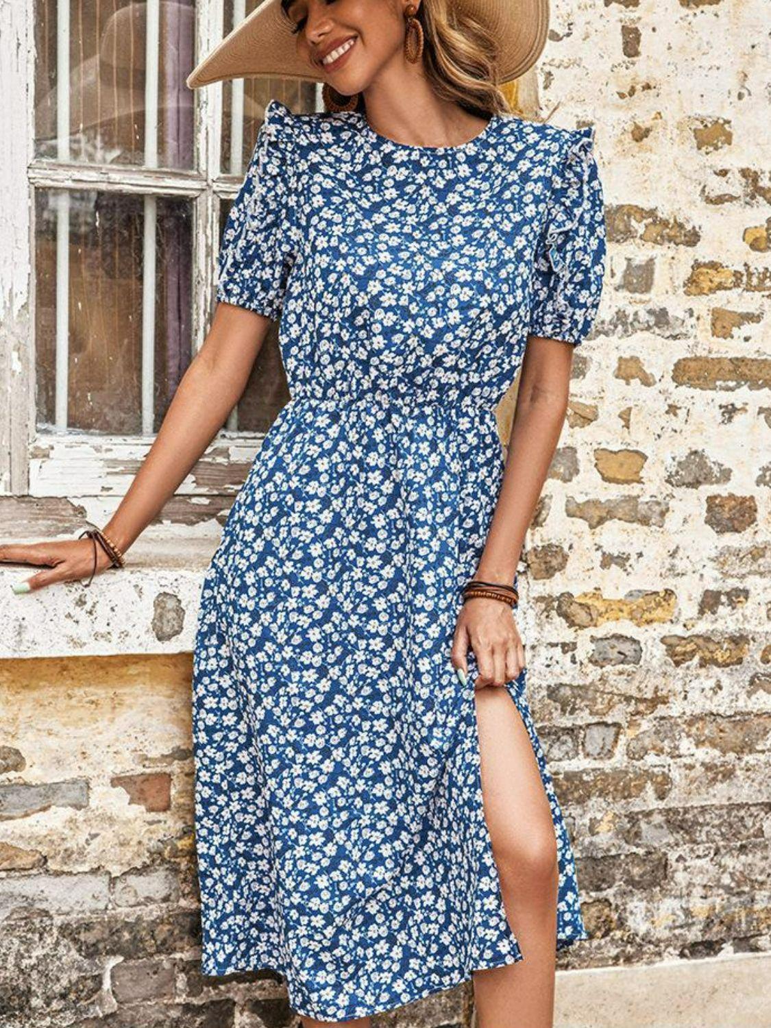 Affectionate Floral Split Short Sleeve Midi Dress - MXSTUDIO.COM