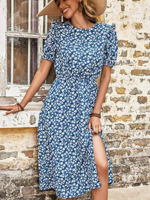Affectionate Floral Split Short Sleeve Midi Dress - MXSTUDIO.COM
