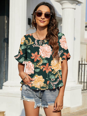 Aloha Summer Ruffled Floral Short Sleeve Blouse - MXSTUDIO.COM