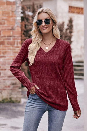 Always Chill V-Neck Ribbed Long Sleeve Top - MXSTUDIO.COM