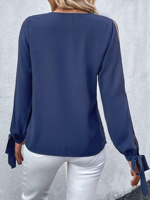 Always In Style Slit Long Sleeve Navy Blue Blouse - MXSTUDIO.COM