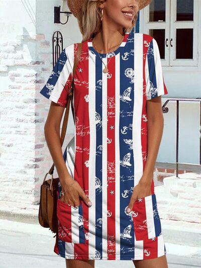 a woman wearing a red, white, and blue striped dress