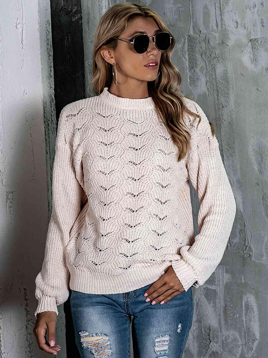 Appealing Warmth Mock Neck Open Knit Sweater - MXSTUDIO.COM