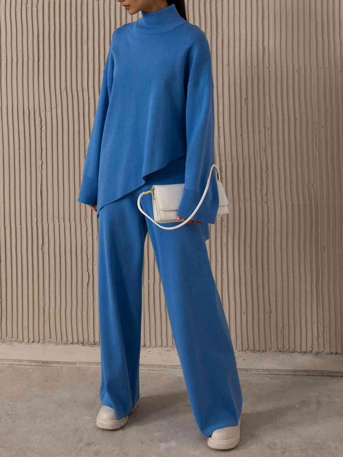 Asymmetrical Hem Knit Sweater and Pants Set-MXSTUDIO.COM