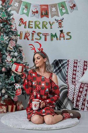 Asymmetrical Neck Women Christmas Dress-MXSTUDIO.COM
