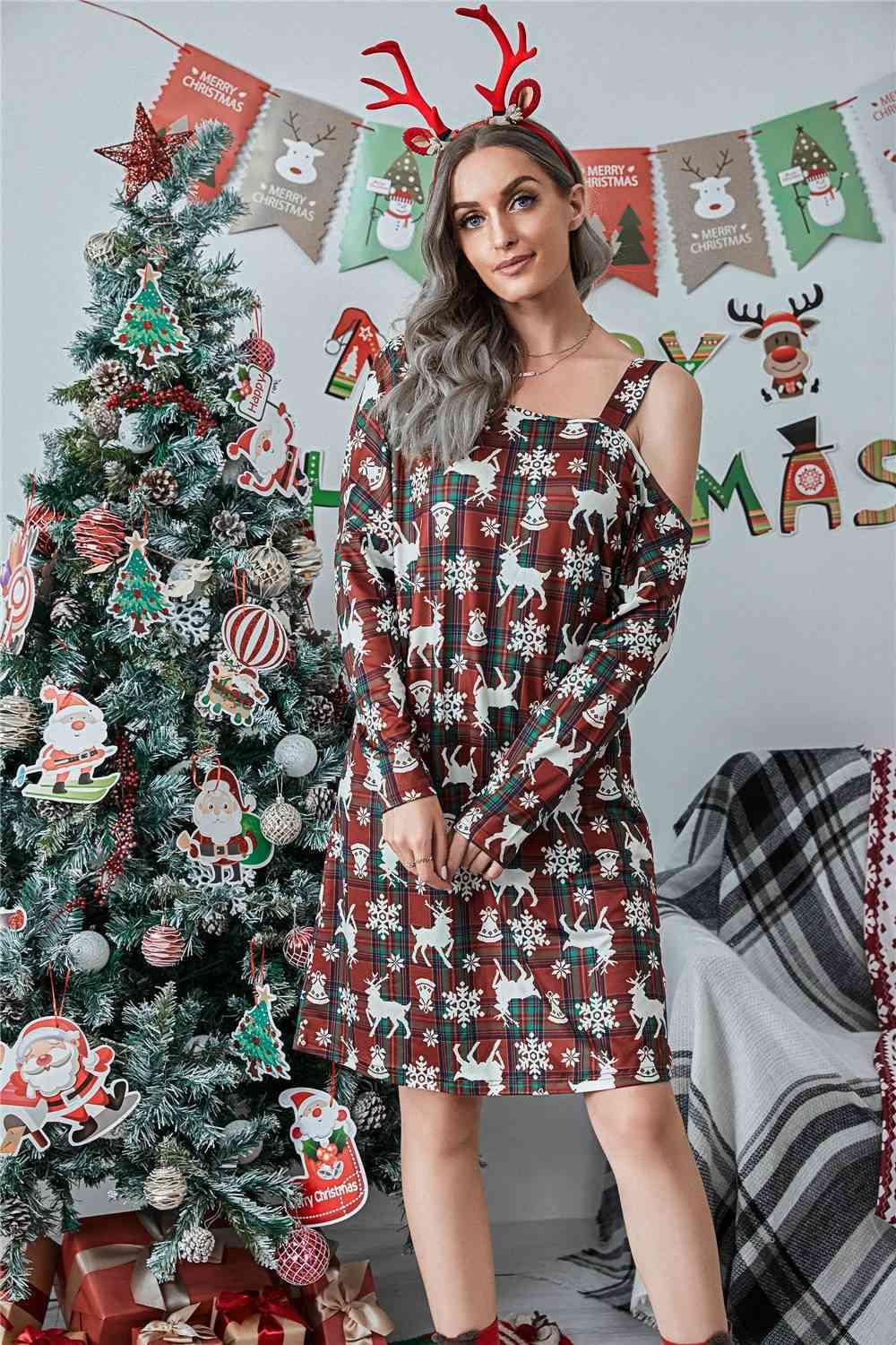 Asymmetrical Neck Women Christmas Dress-MXSTUDIO.COM