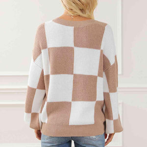 Autumn Classic Crew Neck Checkered Knit Sweater-MXSTUDIO.COM
