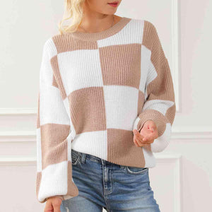 Autumn Classic Crew Neck Checkered Knit Sweater-MXSTUDIO.COM