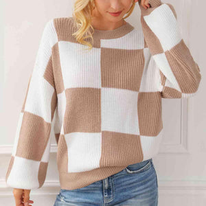 Autumn Classic Crew Neck Checkered Knit Sweater-MXSTUDIO.COM
