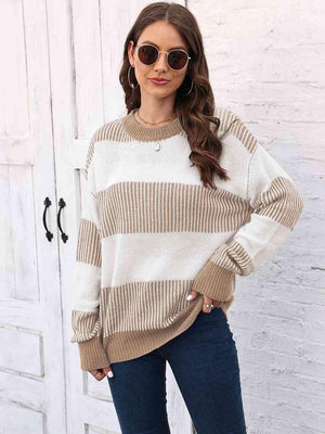Autumn Confidence Striped Drop Shoulder Sweater - MXSTUDIO.COM