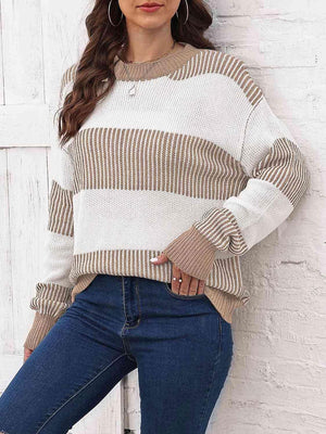 Autumn Confidence Striped Drop Shoulder Sweater - MXSTUDIO.COM