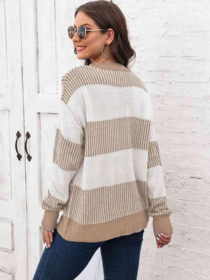 Autumn Confidence Striped Drop Shoulder Sweater - MXSTUDIO.COM