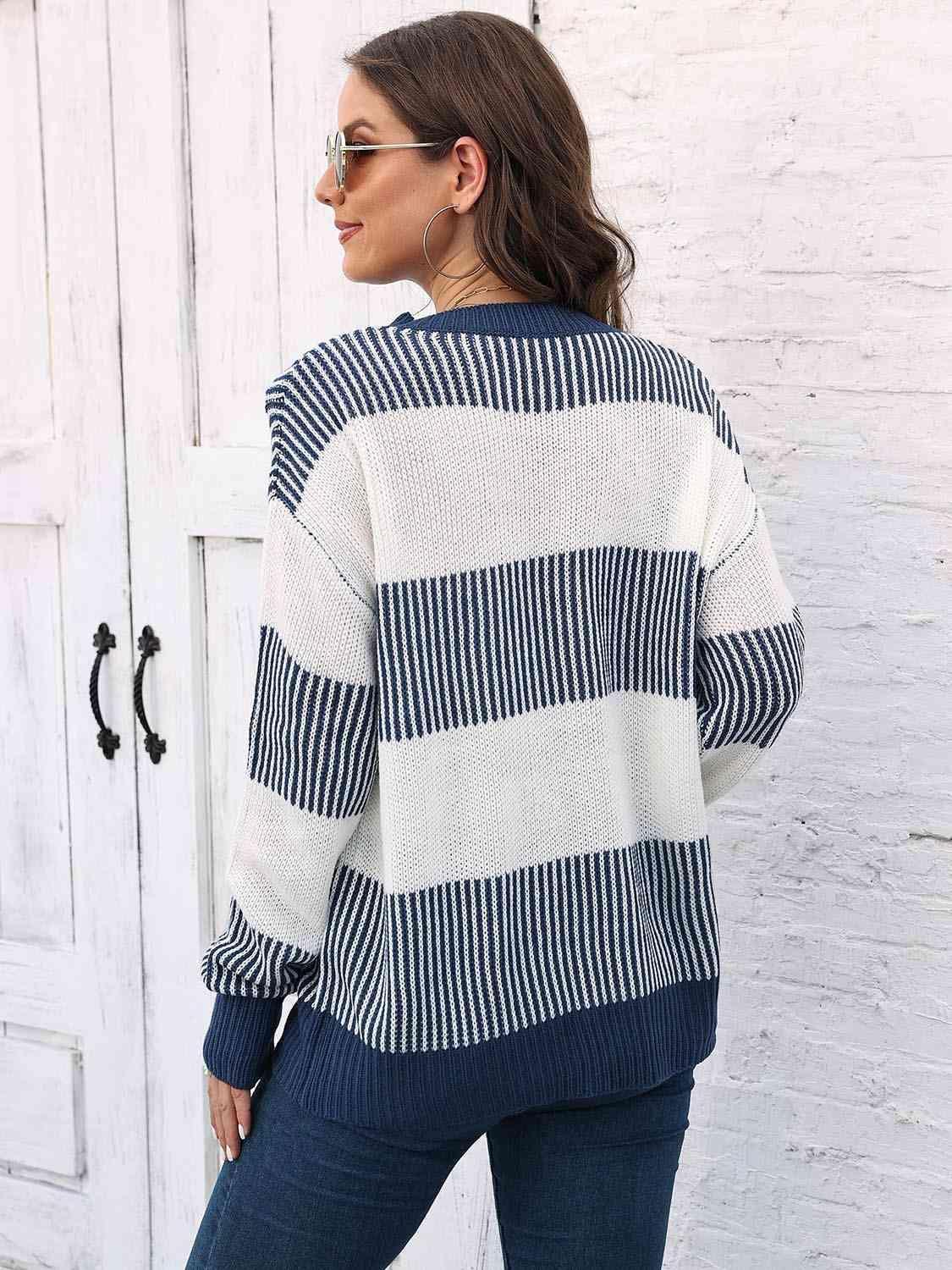 Autumn Confidence Striped Drop Shoulder Sweater - MXSTUDIO.COM