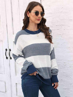 Autumn Confidence Striped Drop Shoulder Sweater - MXSTUDIO.COM