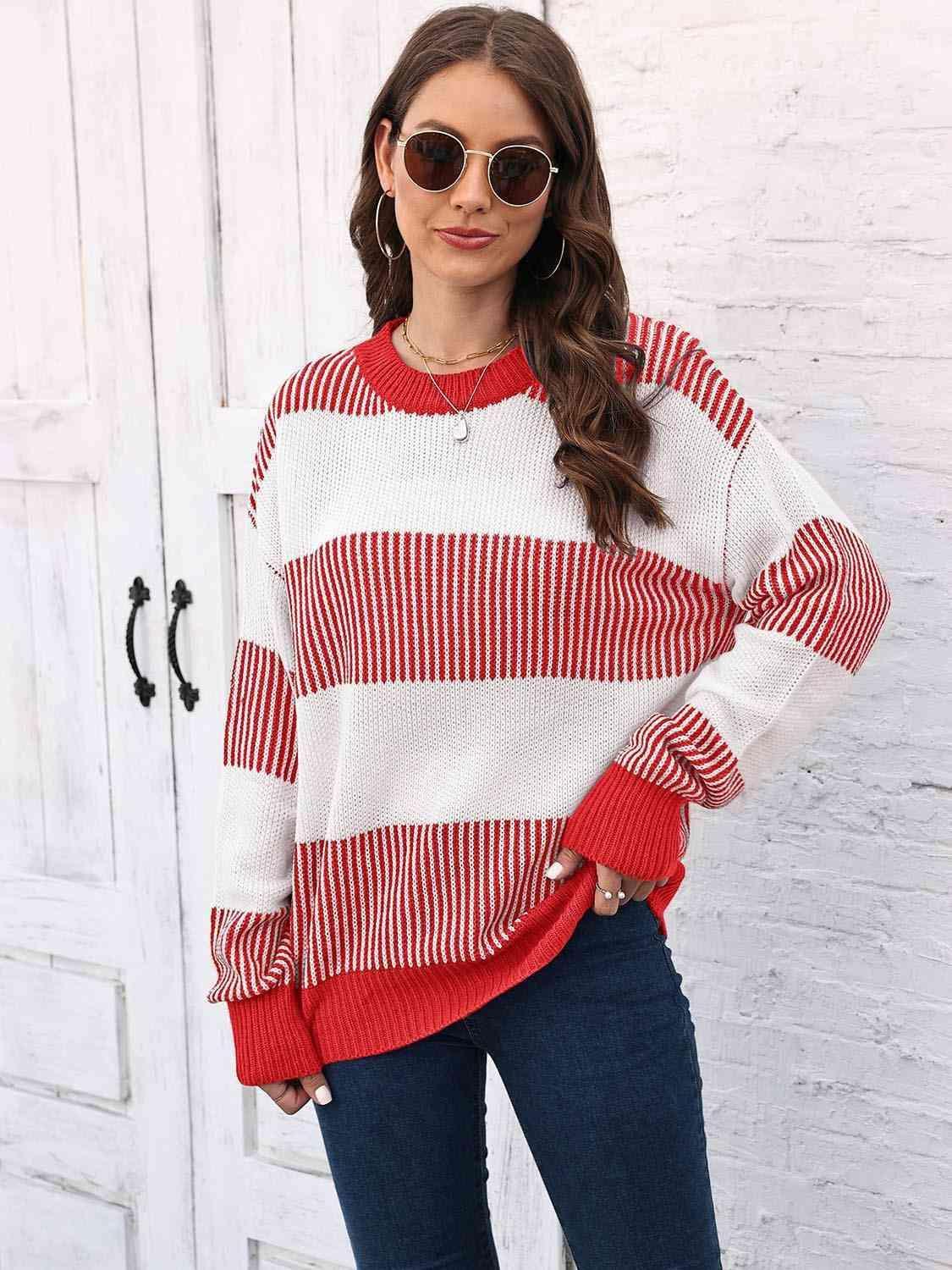 Autumn Confidence Striped Drop Shoulder Sweater - MXSTUDIO.COM