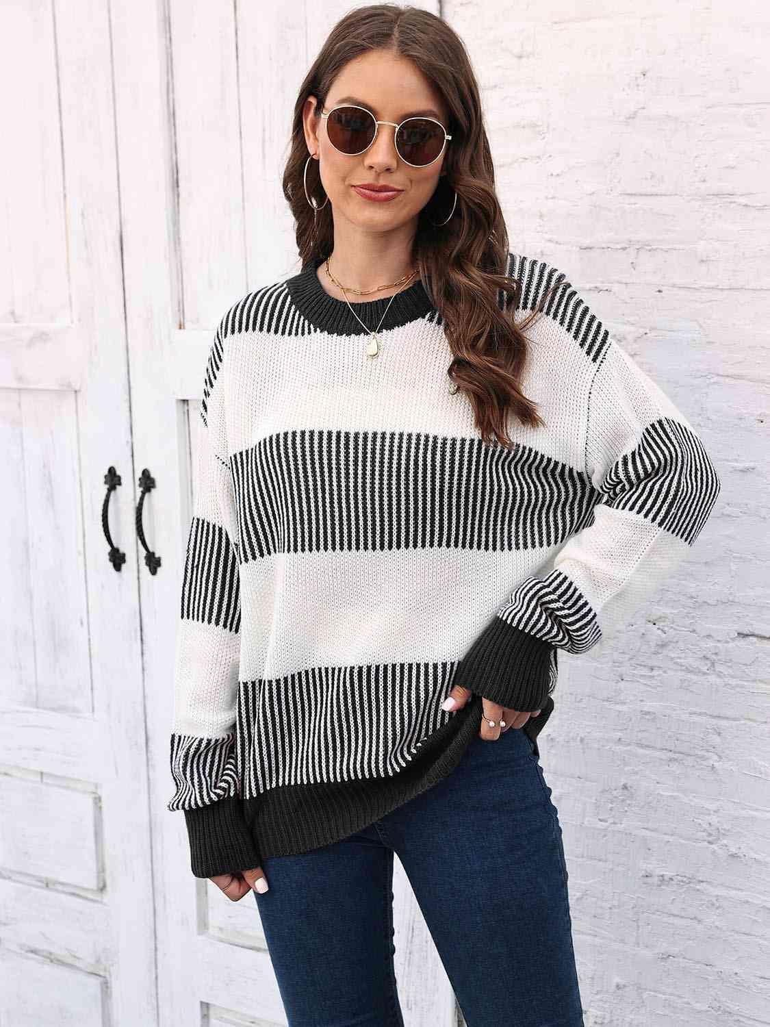 Autumn Confidence Striped Drop Shoulder Sweater - MXSTUDIO.COM