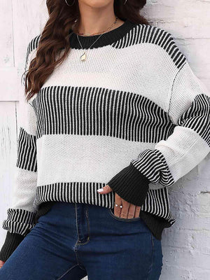 Autumn Confidence Striped Drop Shoulder Sweater - MXSTUDIO.COM