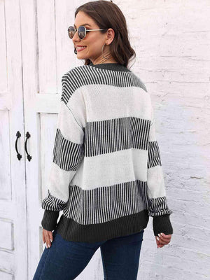 Autumn Confidence Striped Drop Shoulder Sweater - MXSTUDIO.COM