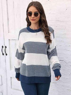 Autumn Confidence Striped Drop Shoulder Sweater - MXSTUDIO.COM
