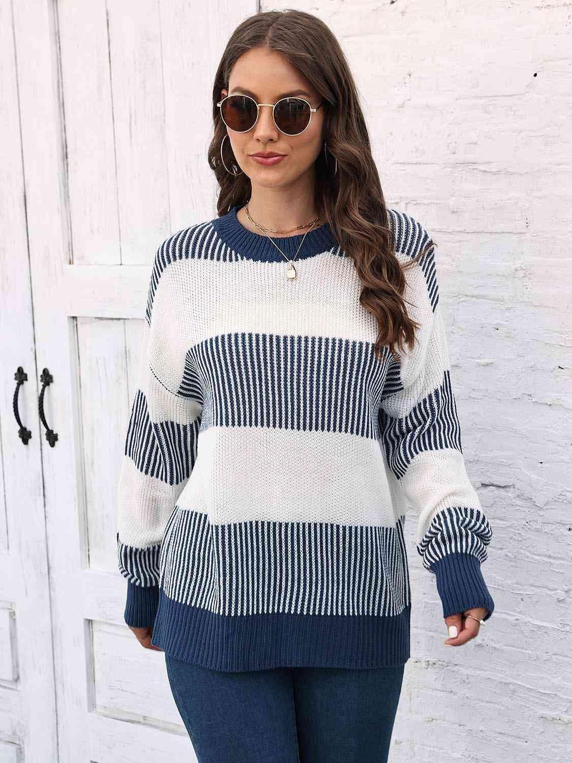 Autumn Confidence Striped Drop Shoulder Sweater - MXSTUDIO.COM