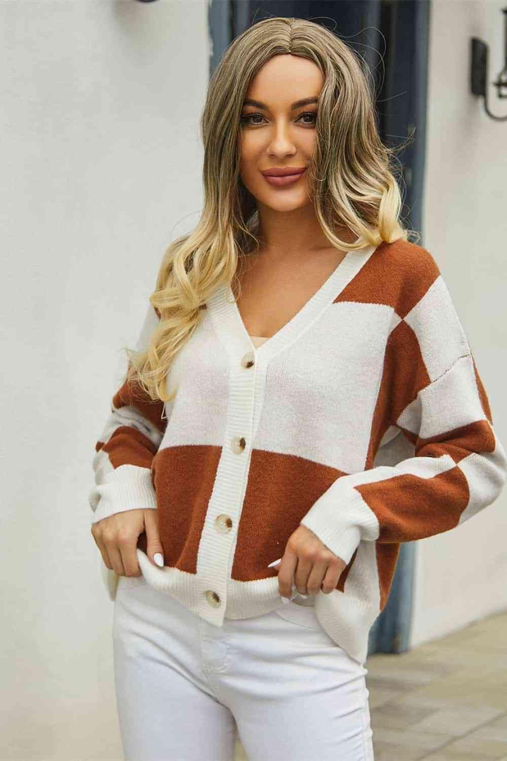 Autumn Flair Button Up Checkered Cardigan - MXSTUDIO.COM