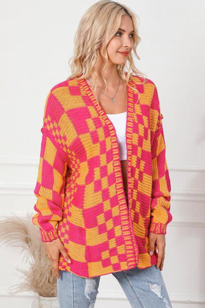 Autumn Fun Open Front Checkered Cardigan-MXSTUDIO.COM