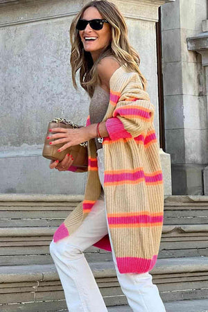 Autumn Fun Open Front Long Rib Knit Cardigan - MXSTUDIO.COM