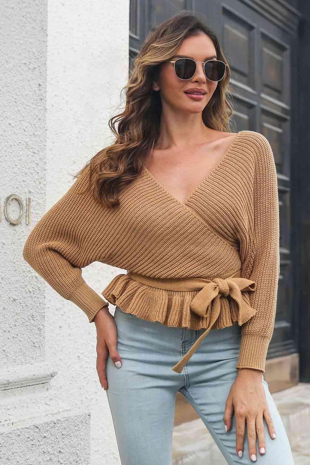 Autumn Glam Tie Waist Ruffle Sweater - MXSTUDIO.COM