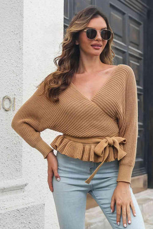 Autumn Glam Tie Waist Ruffle Sweater - MXSTUDIO.COM