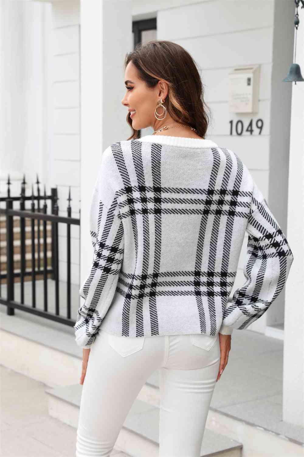 Autumn Joy Long Sleeve Crew Neck Plaid Sweater - MXSTUDIO.COM